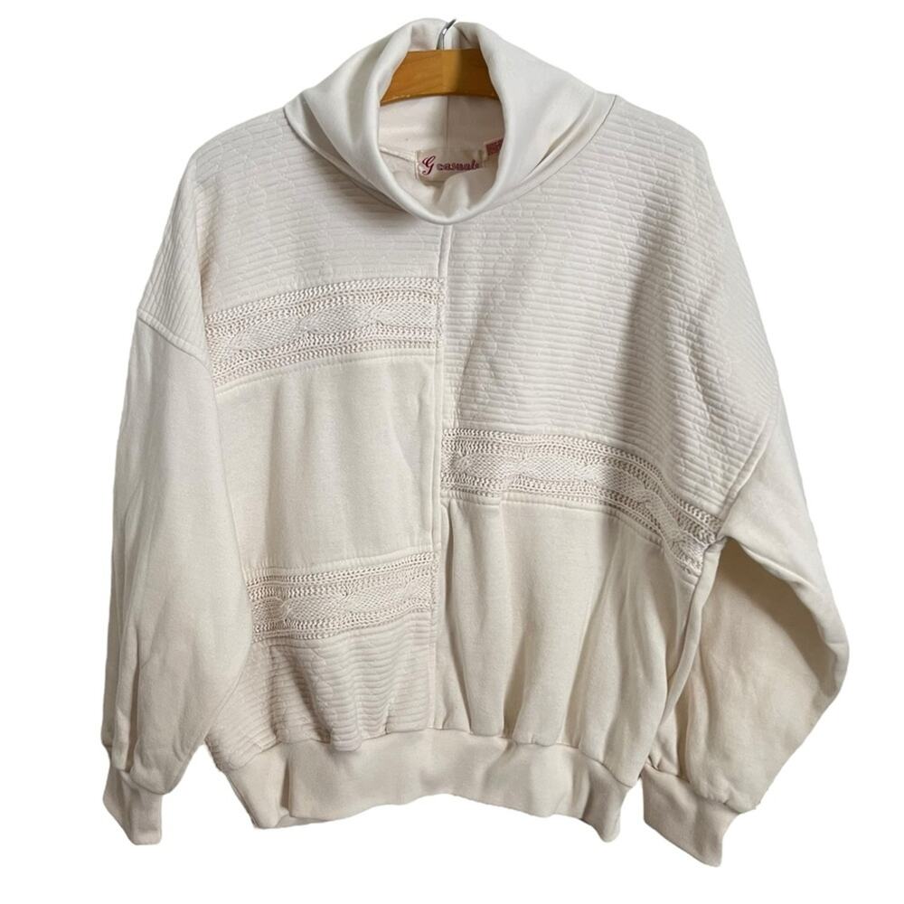 Vintage G Casuals Crochet Mixed Media Cream Granny Turtleneck Sweatshirt Size XL